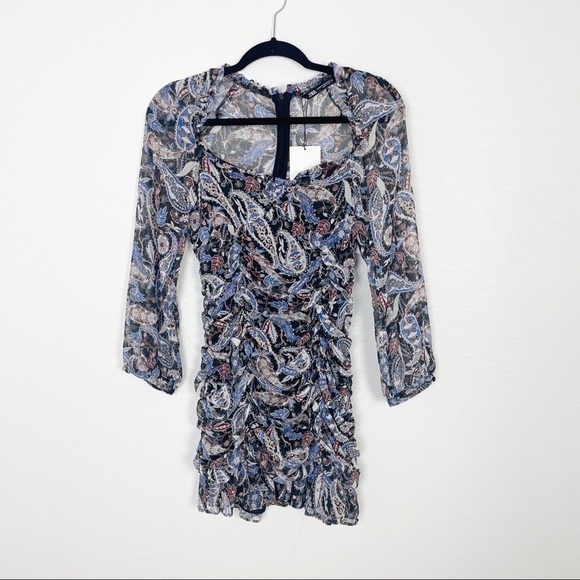 Zara Paisley Print Ruched Mini Dress XS Blue Black Casual Cocktail Party - Picture 3 of 11